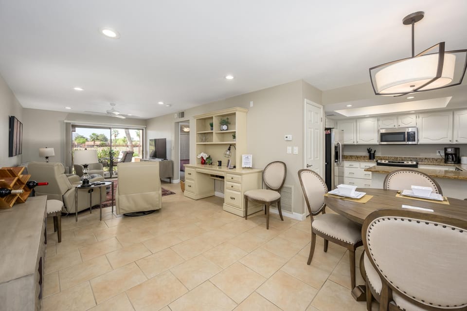 Ceramic tile throughout kitchen and living area.