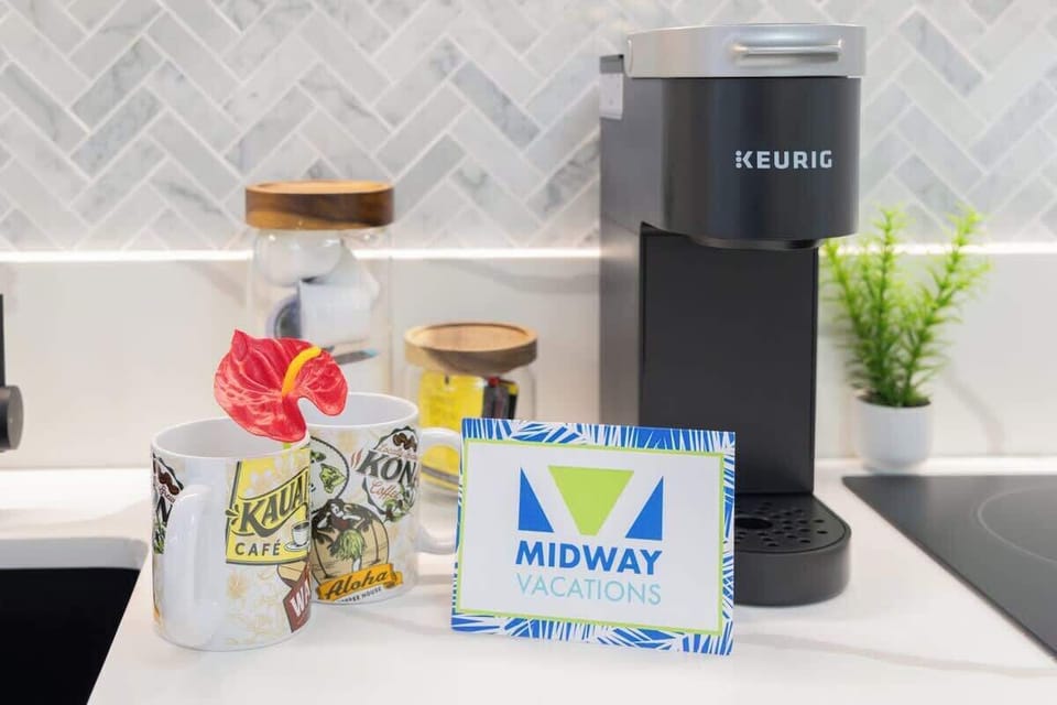 A coffee station featuring a Keurig machine, perfect for enjoying a morning brew.