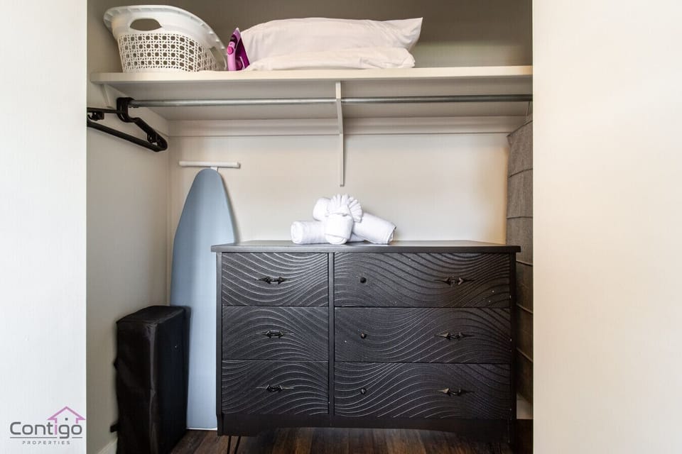 Plenty of storage space awaits you, ensuring a clutter-free stay. You`ll find ample room for your belongings, including hanging space and drawers.