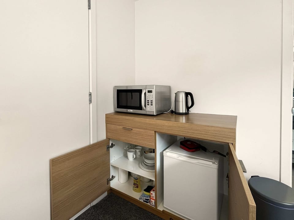 Compact kitchenette with microwave and fridge