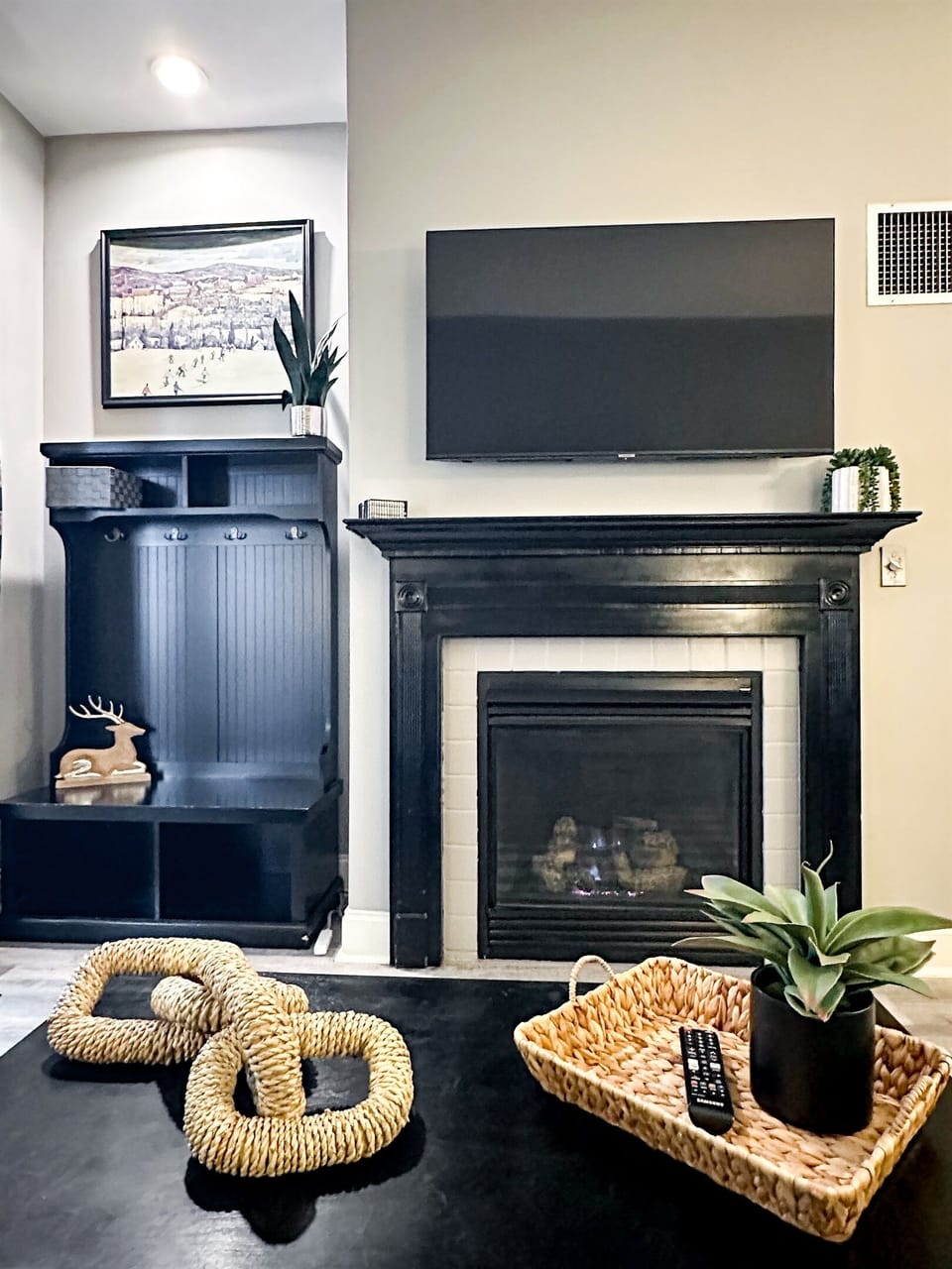 50” TV with HDMI hook up for streaming or gaming systems. Gas enclosed fireplace