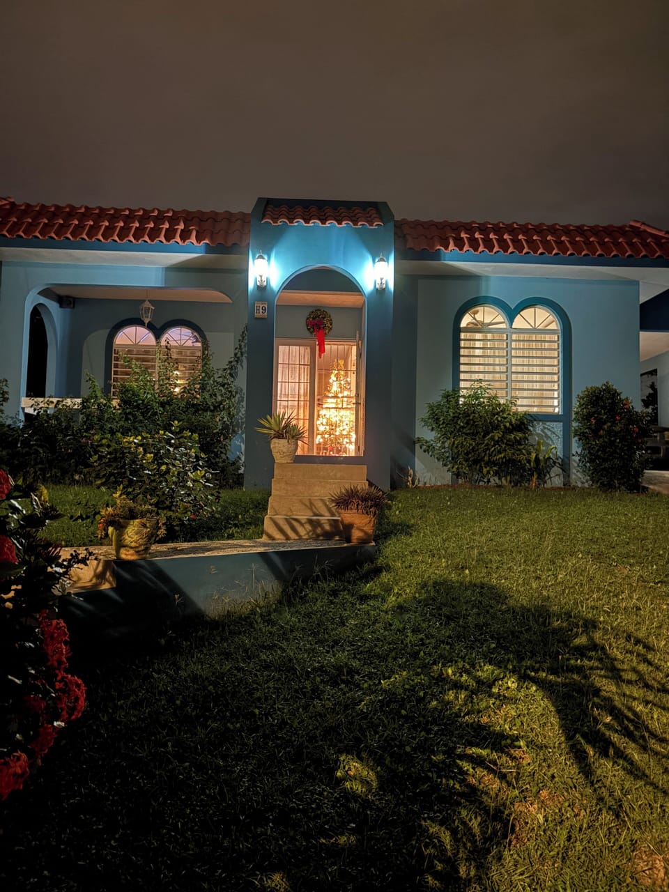 Front of house at night