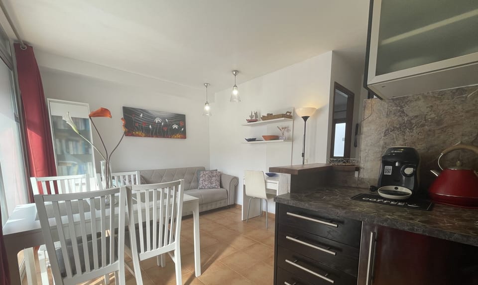 Living-dining room seen from the kitchen with sofa and table