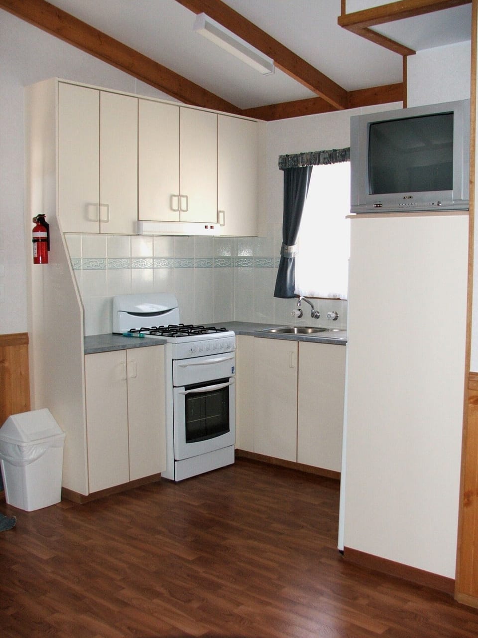 Full-size fridge, microwave, oven, electric kettle