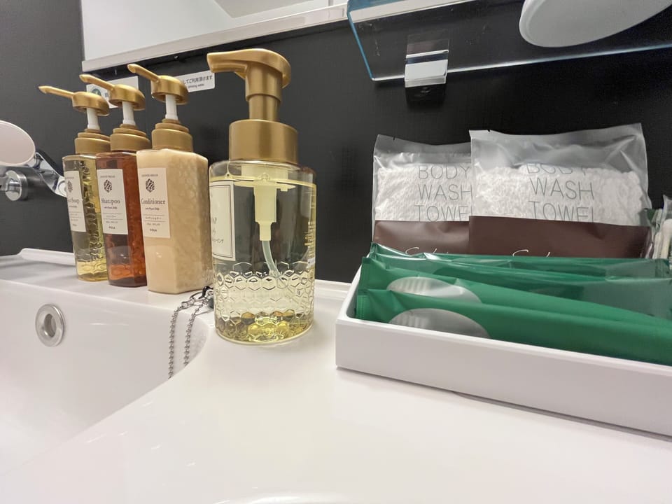 Combined shower/tub, free toiletries, hair dryer, slippers