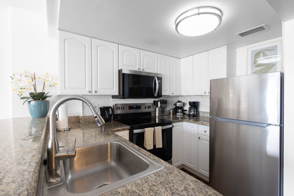 Modern stainless-steel appliances, fully equipped kitchen