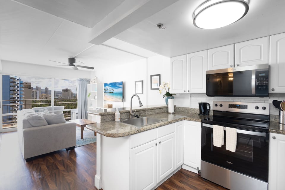 Open concept layout from kitchen to living area