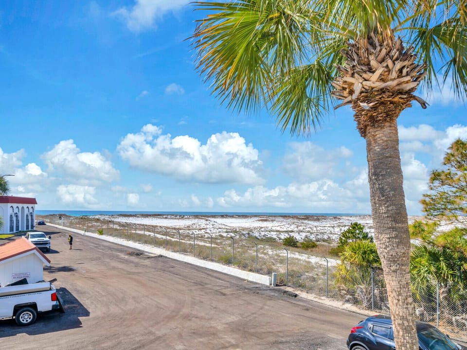 Tropical paradise setting with palm trees framing pristine white sand beaches and turquoise waters stretching to the horizon.