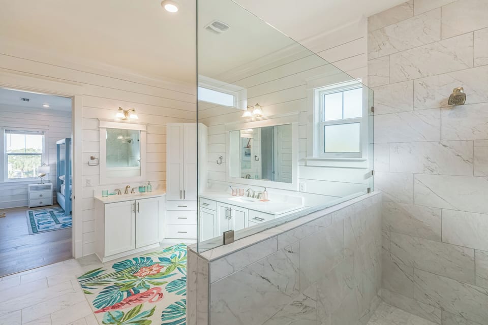 Large Master Bathroom with walk-in double shower including rainhead shower.
