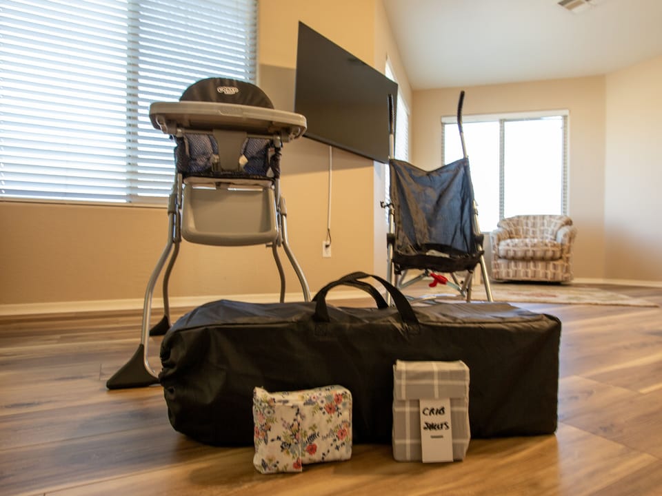 Home comes with Pack N Play, High Chair and Stroller for your use