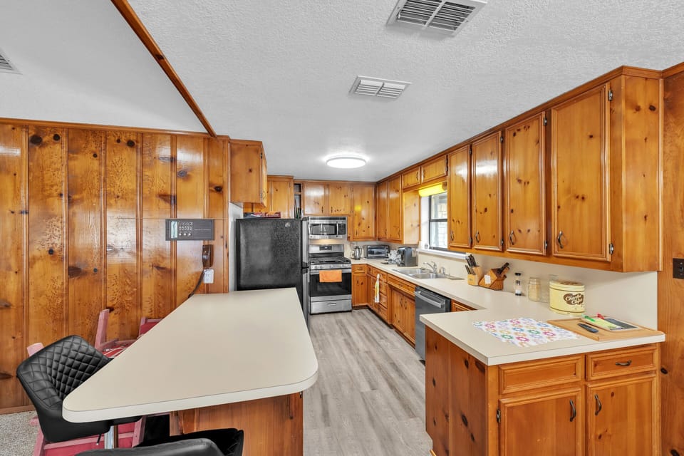 Indoors, Hardwood, Stained Wood, Kitchen, Refrigerator