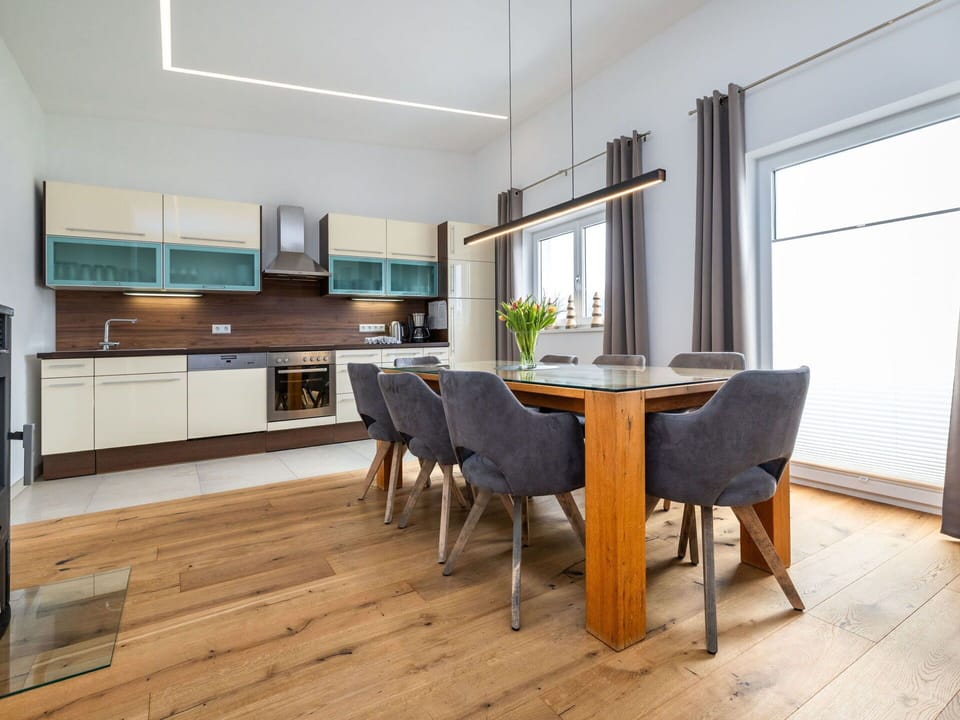 Furniture, Interior Design, Flooring, Floor, Wood, Wood Flooring, Chair, Ceiling, Kitchen & Dining Room Table, Lighting