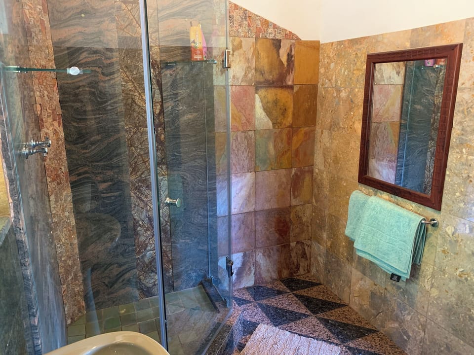 Shower, towels, soap, shampoo