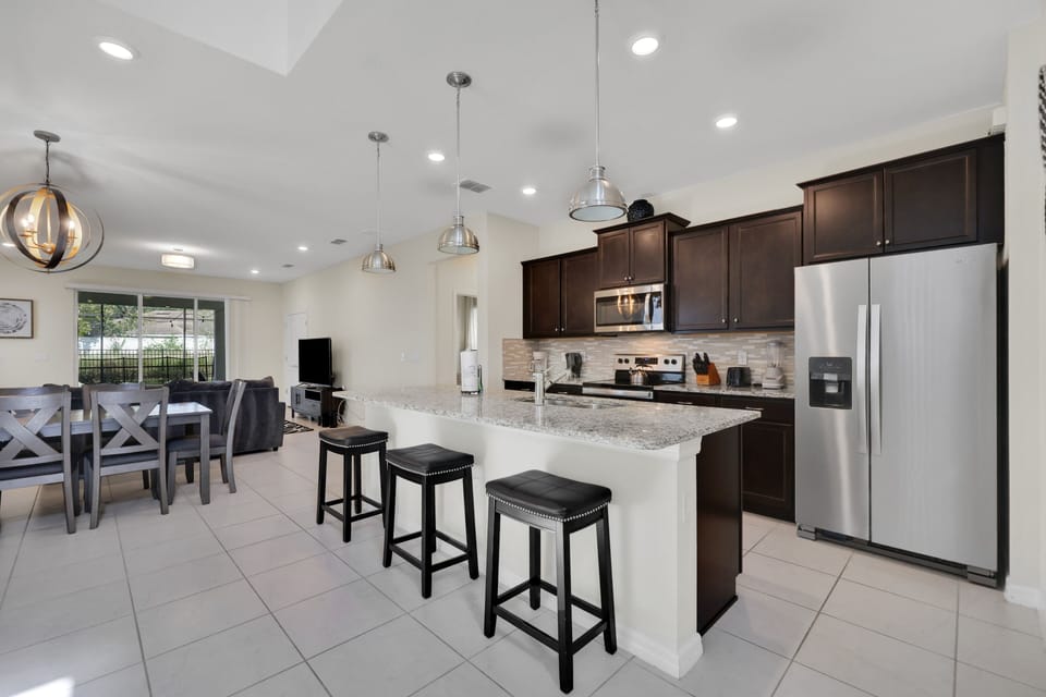 Indoors, Kitchen, Kitchen Island, Screen, Refrigerator