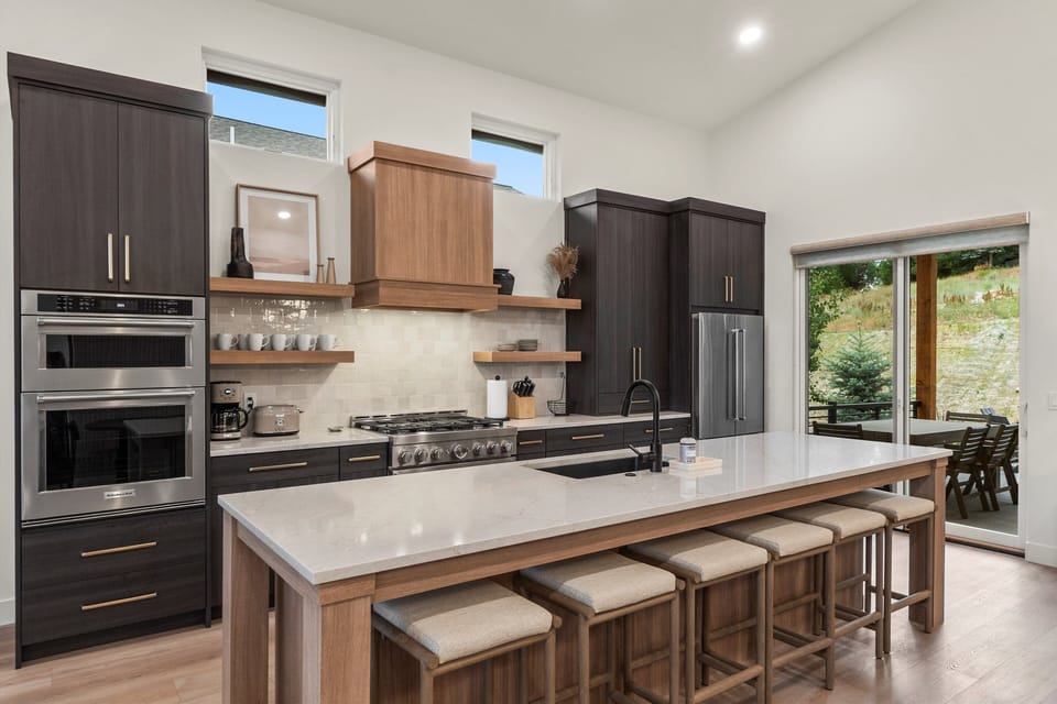 Kitchen with 36" Range with Gas Oven, 
Electric Wall Oven, Microwave Speed Oven