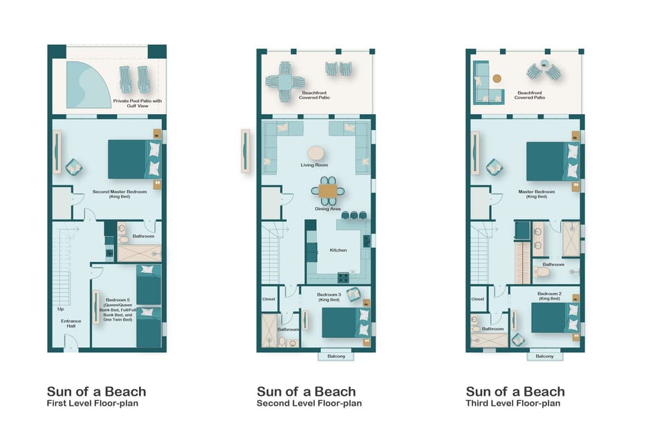 Sun Of A Beach is a Beachfront, Updated, Fully-stocked Home with HUGE views of the beach and Gulf of Mexico. 5 Bedrooms (9 BEDS), 4 Bathrooms provides plenty of space for your whole group!