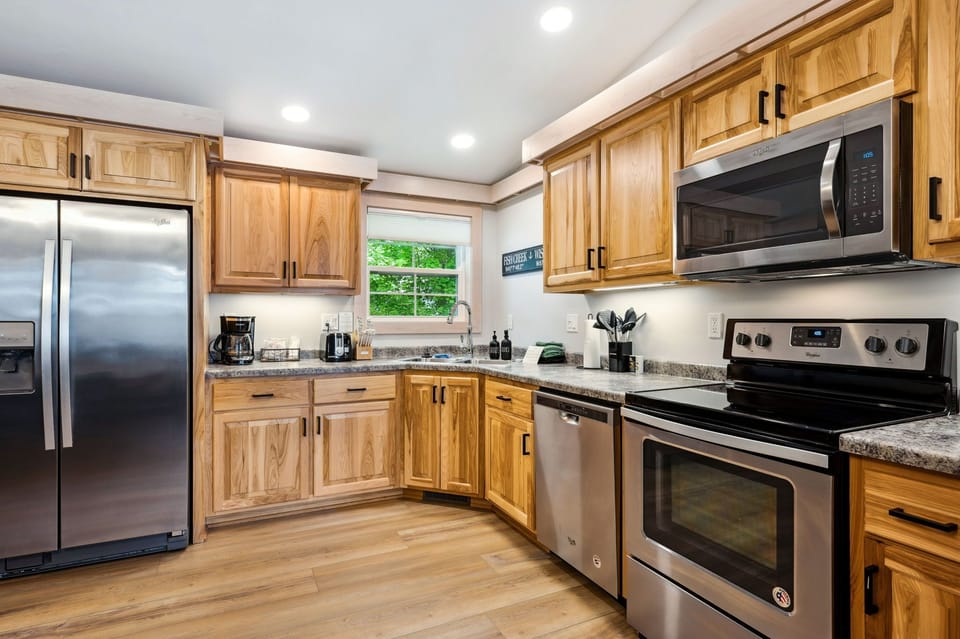 Kitchen includes coffeemaker, microwave, toaster, and all kitchen utensils you’ll need.