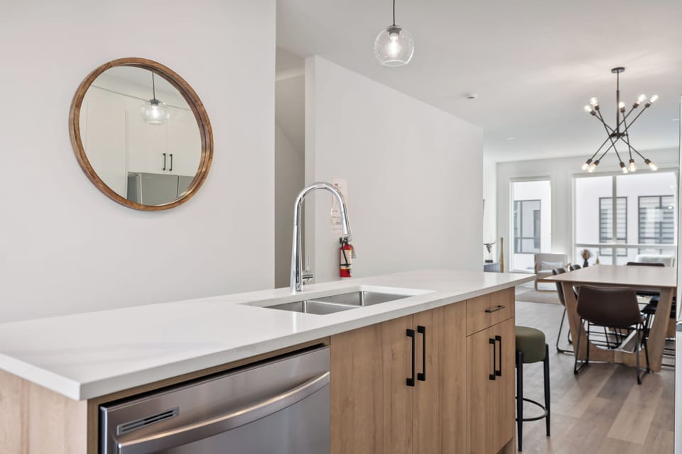 The kitchen is stocked with basic starter items such as coffee, salt, pepper, cooking oil, paper towel, dishwasher pods, and garbage bags. Typically enough for about one week of use.