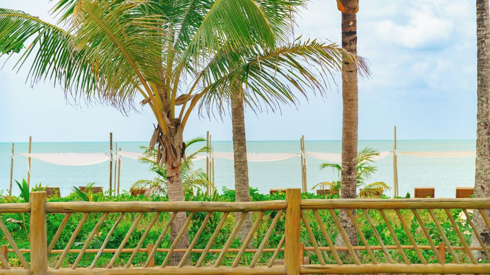 On the beach, white sand, sun loungers, beach umbrellas