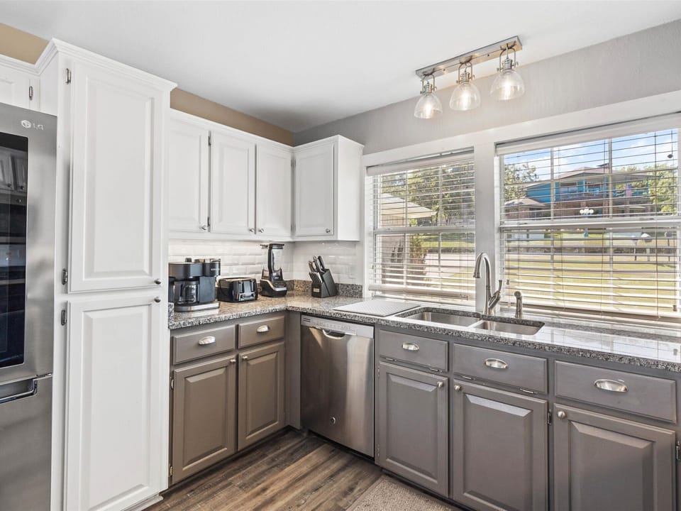 Lots of counter space, coffee machine, blender, toaster 
