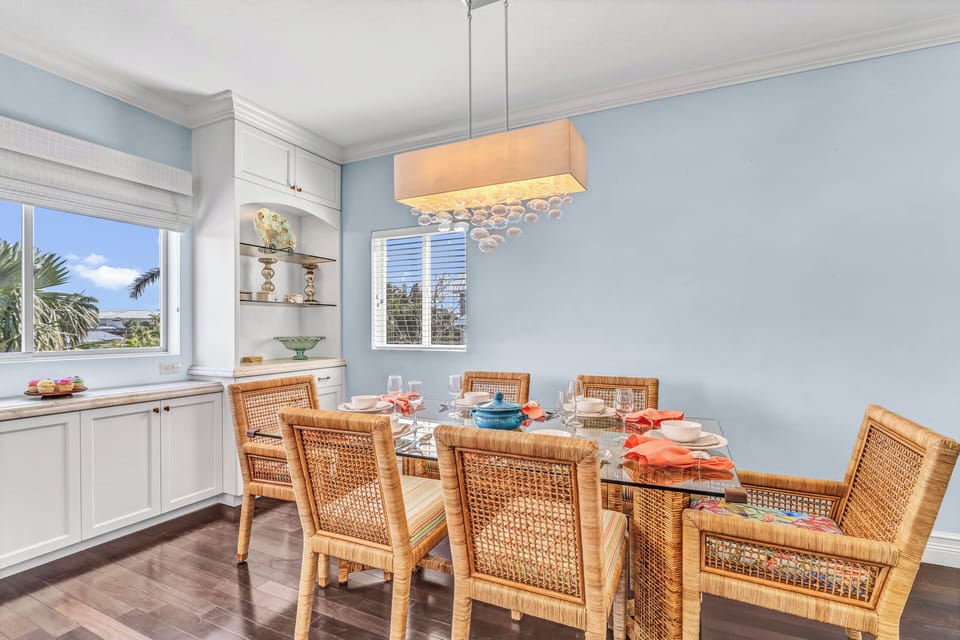 Dining table comfortably seats six—ideal for shared meals.