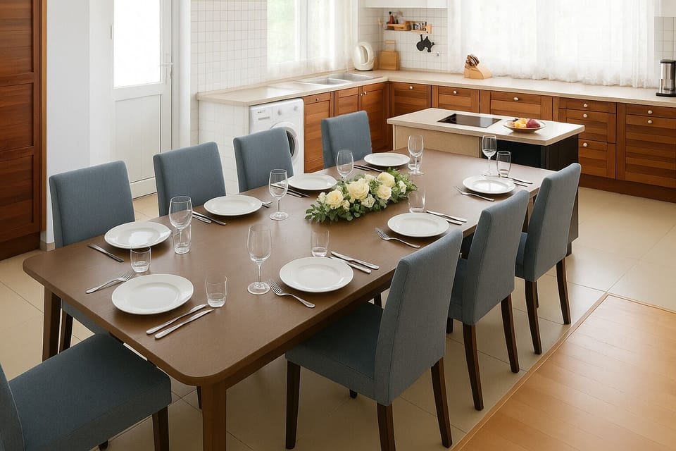 [Inside Dining Area] large tabel with comfortable seats for 8 persons. High children chair is also a