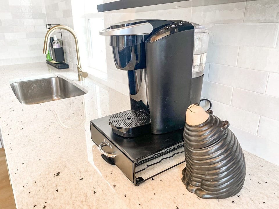 Enjoy a cup of coffee with our Keurig. K-cups are complimentary