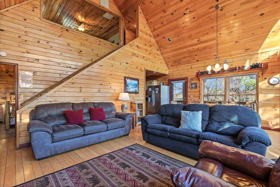 Signature Cabin, Multiple Beds, Kitchen, Mountain View | Living room | 65-inch Smart TV with digital channels, fireplace