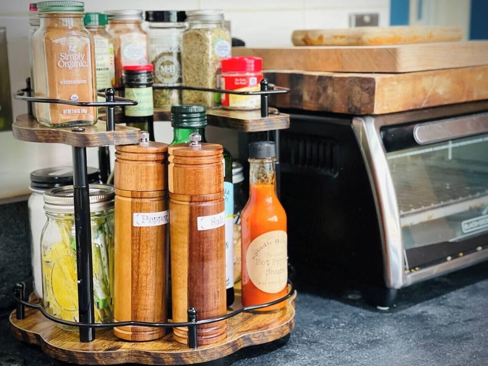 The kitchen is stocked with the basics, and a deep battery of tools and appliances. 