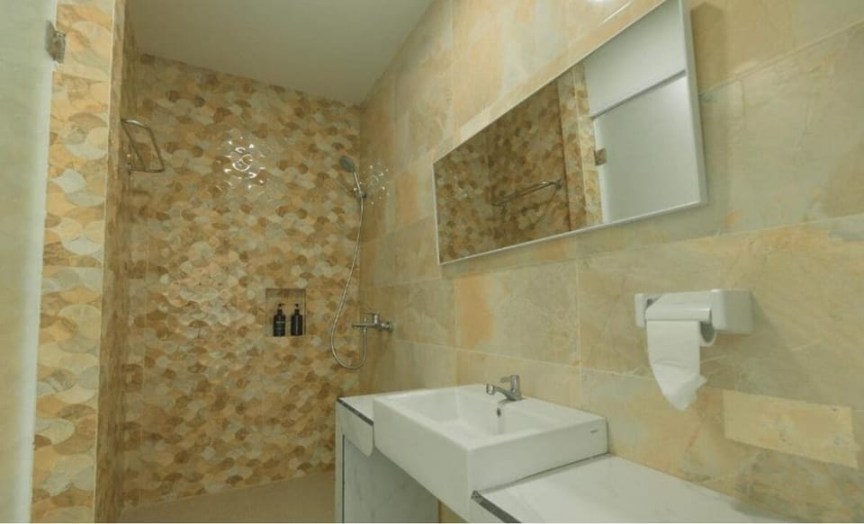 Bidet, towels, soap, shampoo