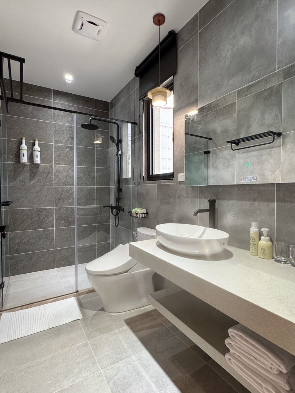 Hair dryer, slippers, bidet, soap