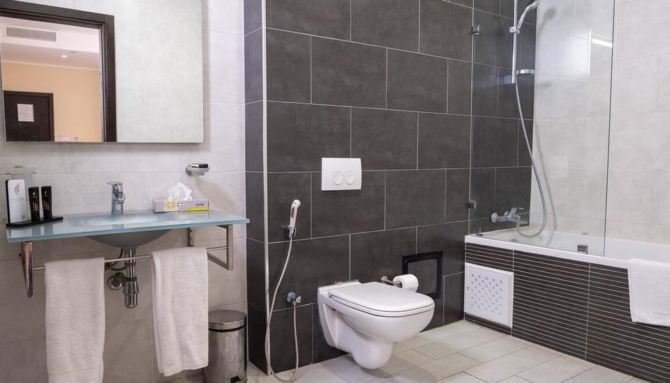 Shower, free toiletries, hair dryer, towels