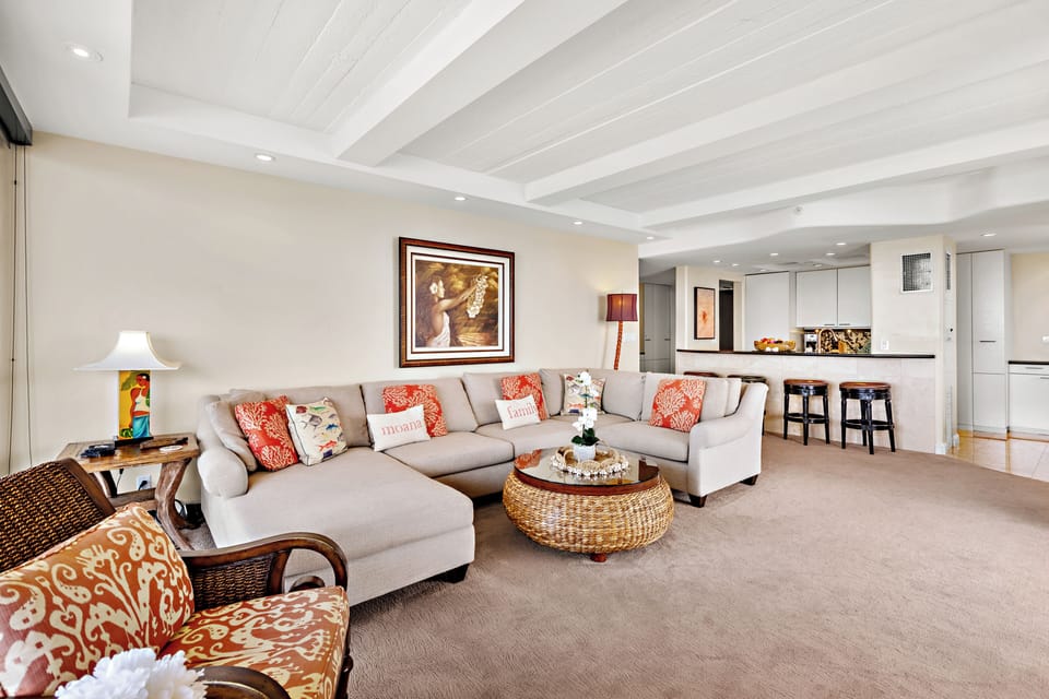 Open, airy living area designed for effortless island relaxation. A comfortable space to gather, unwind, and enjoy every moment of your Maui getaway.