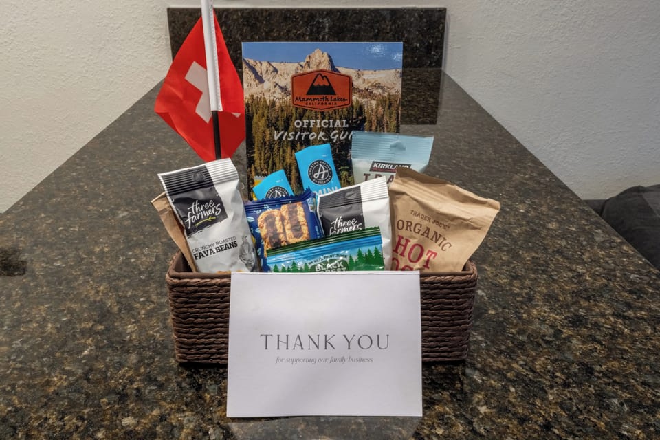 Arrive to a warm welcome with a thoughtfully curated snack basket, featuring a delicious selection of gluten-free, dairy-free, and vegan treats to suit most guest’s dietary needs. We hope this gesture sets the tone for a truly memorable stay.