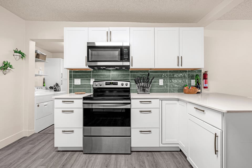 The full-sized oven and stove is the perfect place to whip up your next meal. Don't forget to ask Alexa to play your favorite Spotify station add-free so you can fill your meals and chill-times with awesome music.