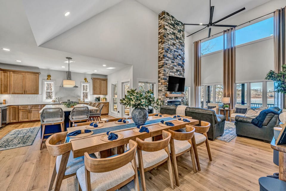 Large dining table that comfortably seats 10 with additional 6 barstools.