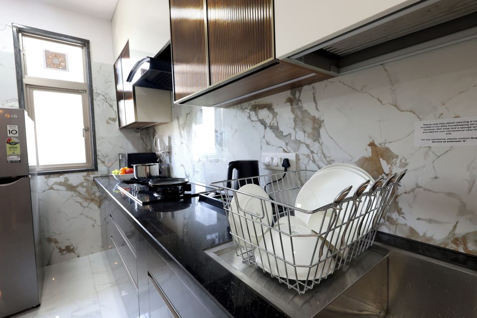 Fridge, microwave, stovetop, highchair