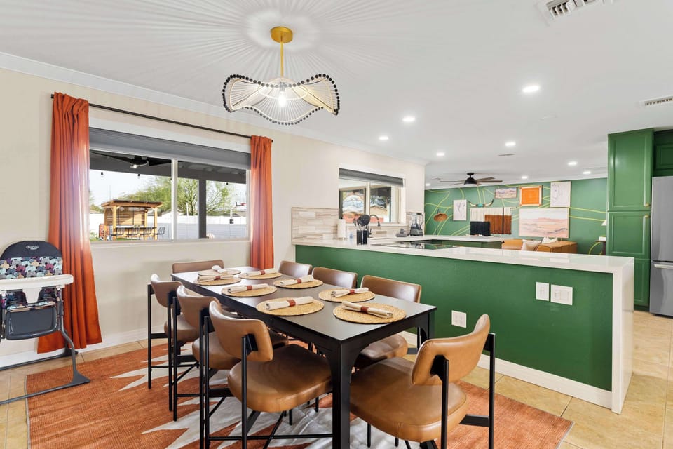 A spacious table for 8 plus a high chair for the little one—perfect for family meals and gatherings!