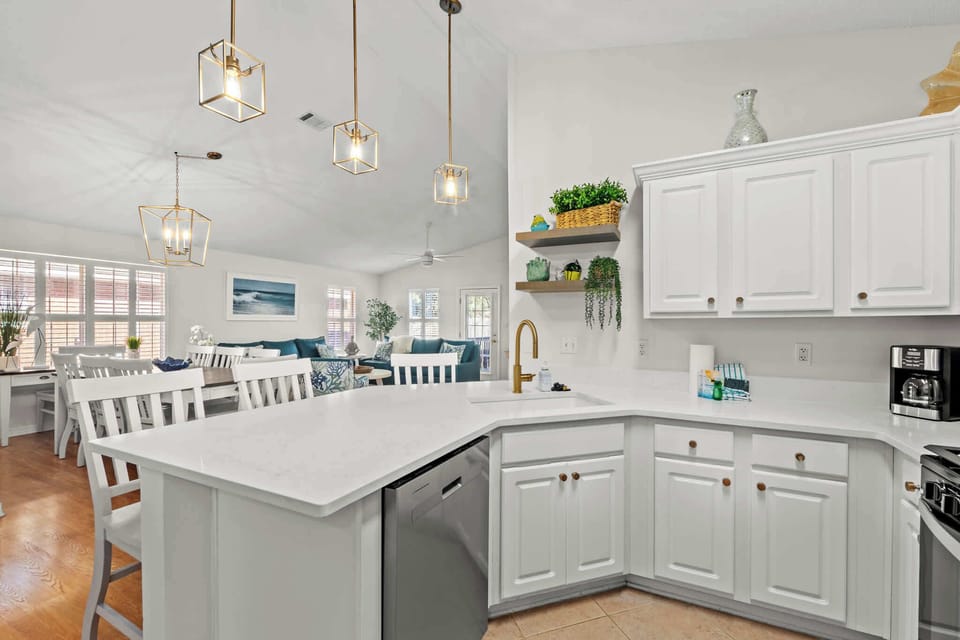 We've stocked this kitchen with full appliances, dishes, bake ware, pots & pans, silverware, utensils, crockpot, blender, and more!