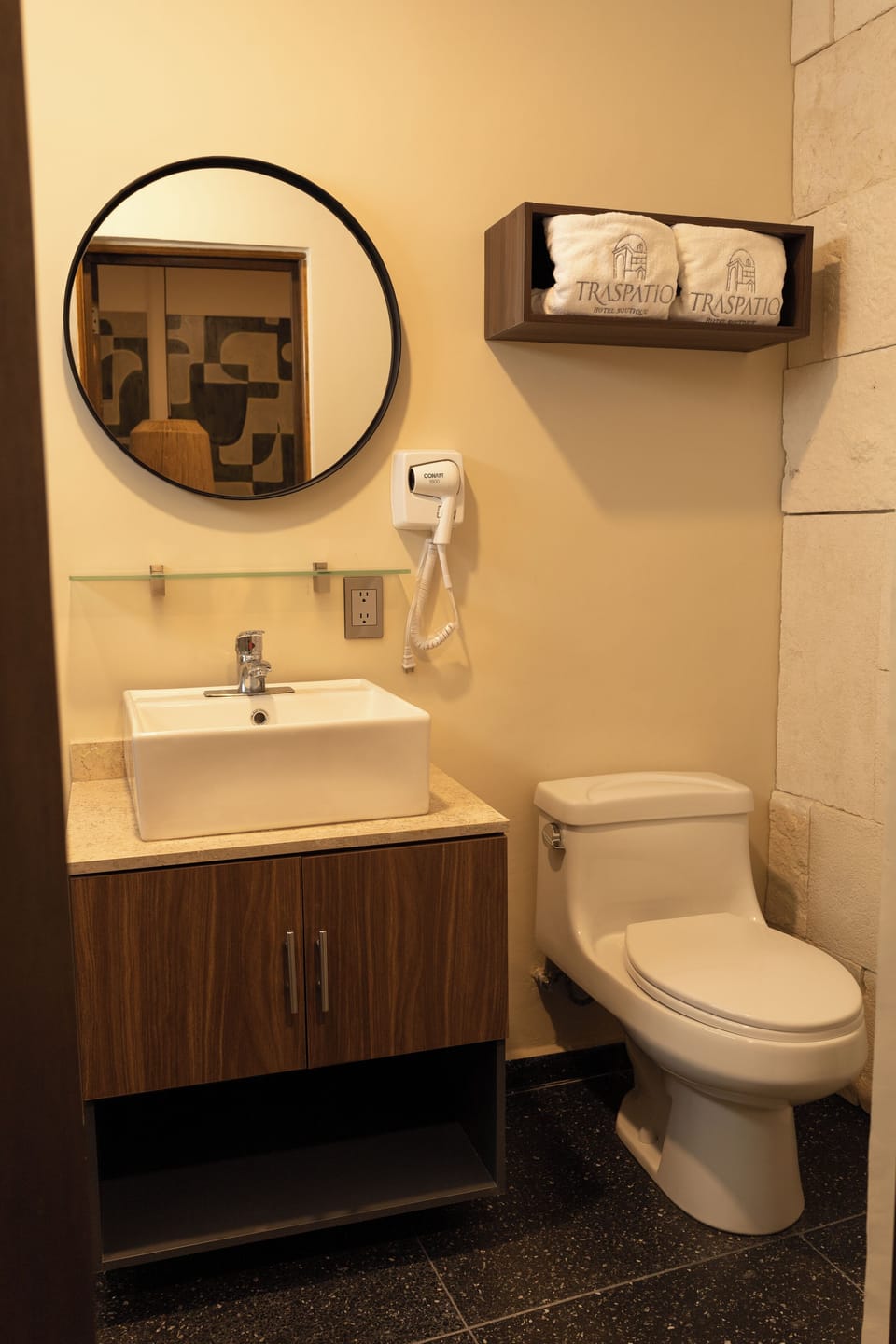 Shower, hair dryer, soap, shampoo