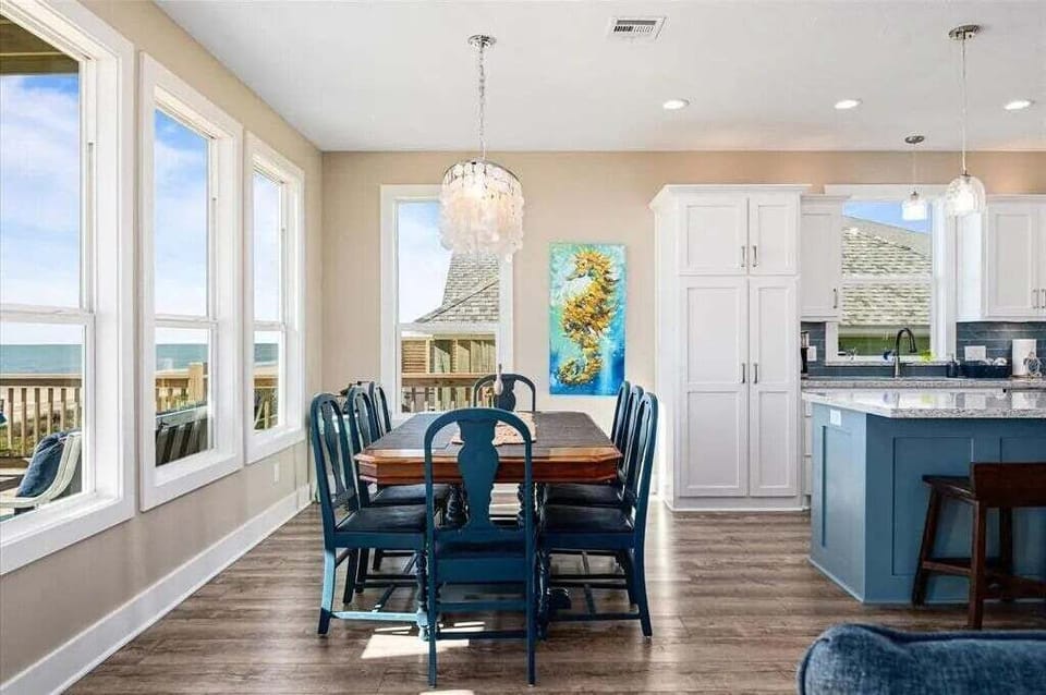 Bright kitchen and dining space with natural light in Bolivar Peninsula vacation rental