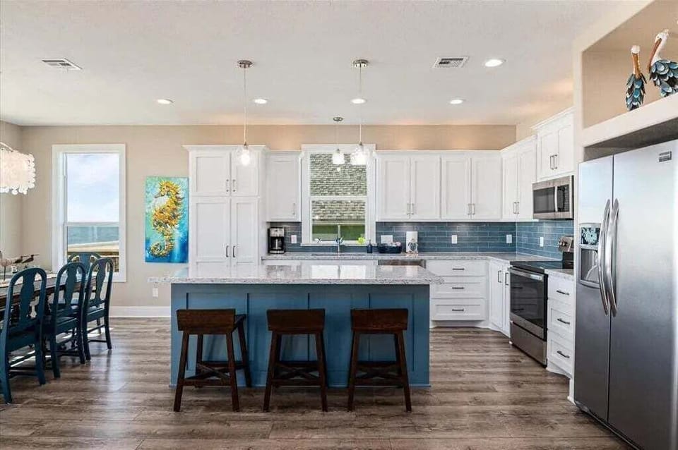 Fully equipped kitchen with stainless steel appliances in Bolivar Peninsula beachfront vacation home