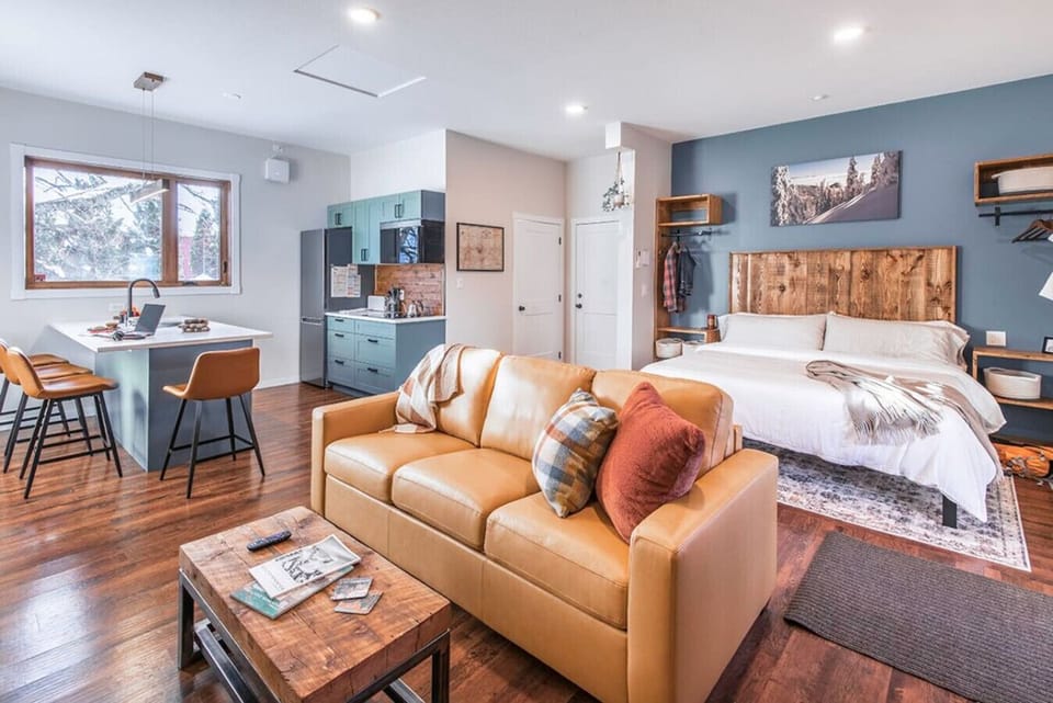 Comfy, spacious, open-concept living and kitchen area.  TV can be viewed from the queen pullout couch or from the cozy king-sized bed.