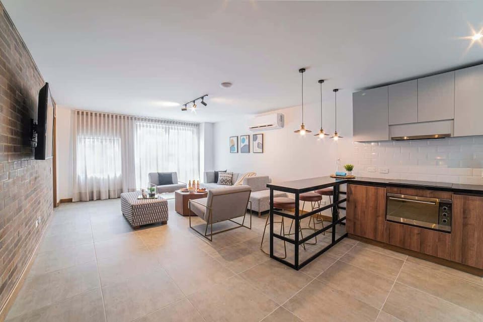 Open kitchen that connects to living room