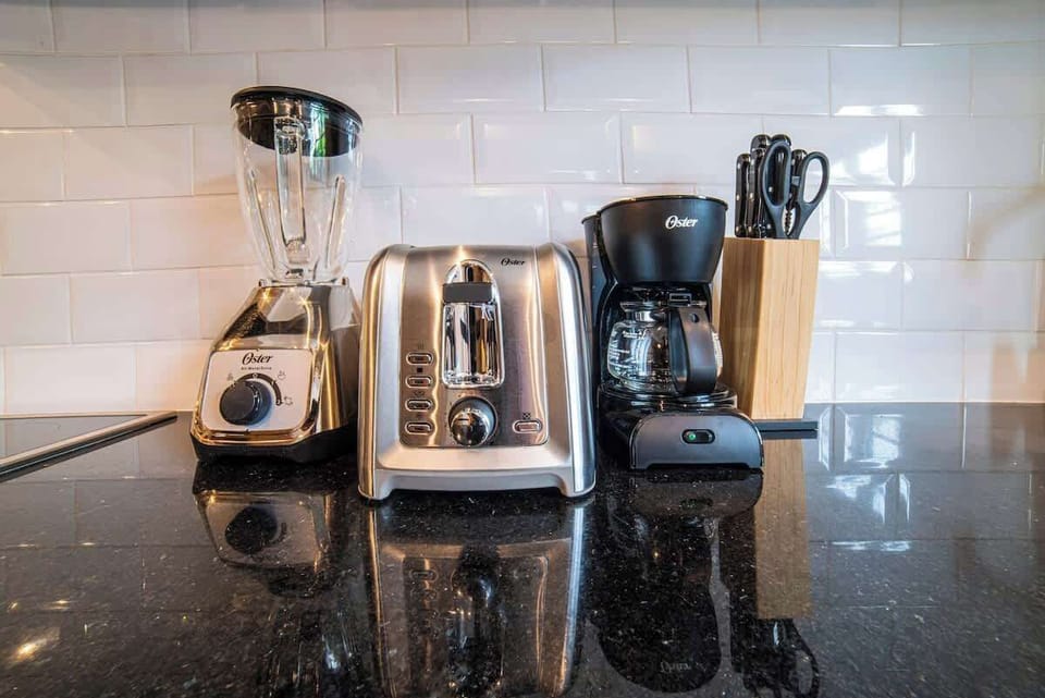 Apartment comes with fully stocked kitchen with quality appliances.
