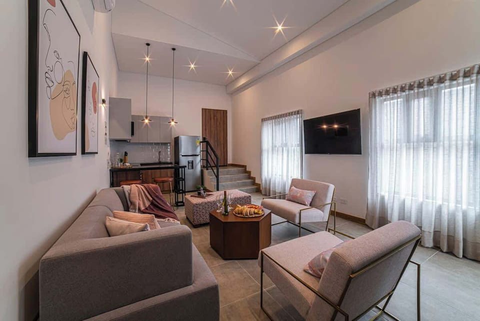 Overview of living area. Curtains give privacy or light according to your preference.
