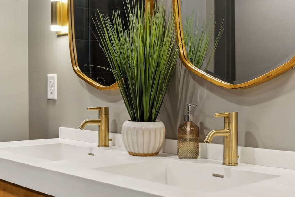 Bathroom with double vanity and walk in shower