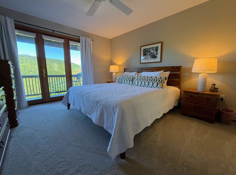 Main Level King Bedroom offers a TV, walkout to shared deck area, and a private bath.