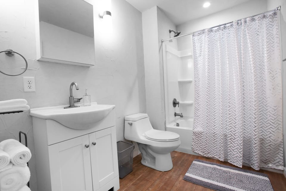 Hair dryer, towels, body wash, shampoo, and conditioner. 