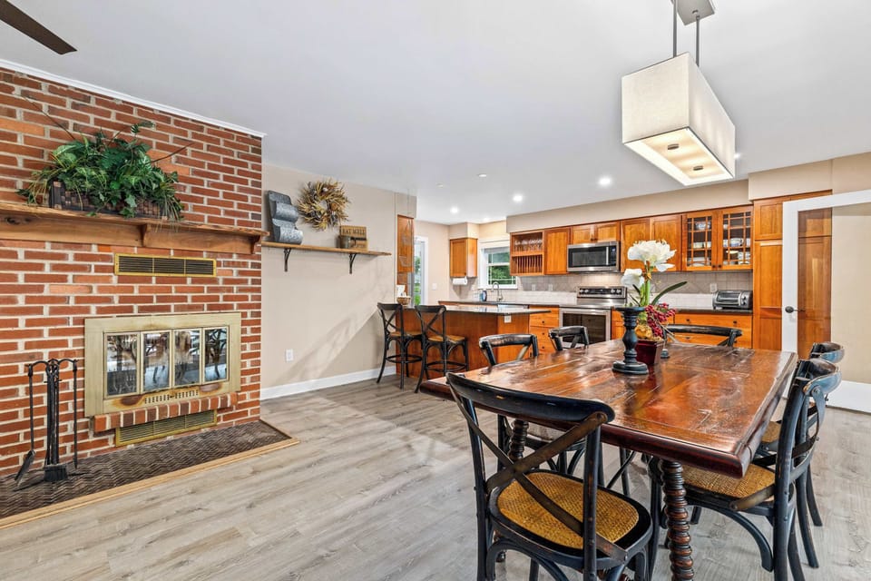 Cozy dining space with fireplace charm